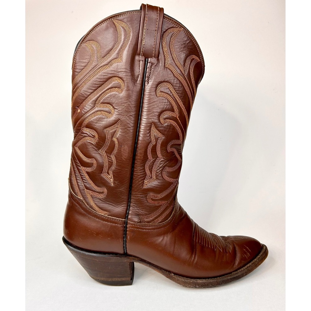 Vintage Tony Lama Mens 7.5 Brown Leather Cowboy Boots Pointed Toe Stitched 13"